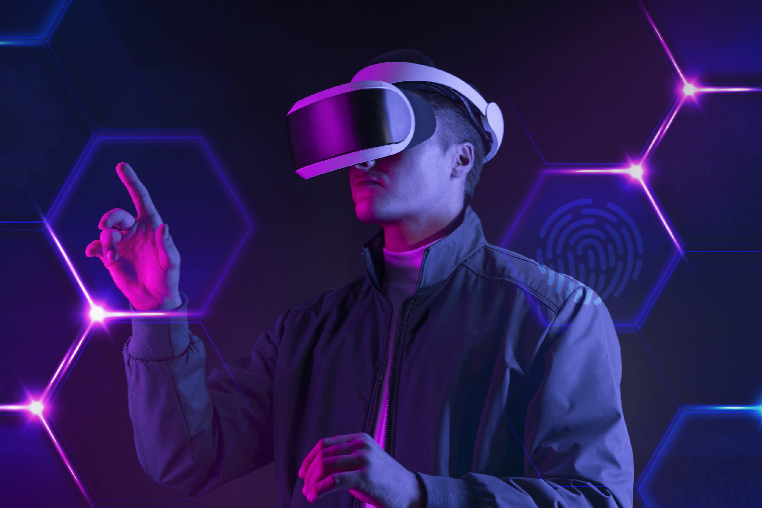 man wearing smart glasses touching virtual screen futuristic technology digital remix scaled
